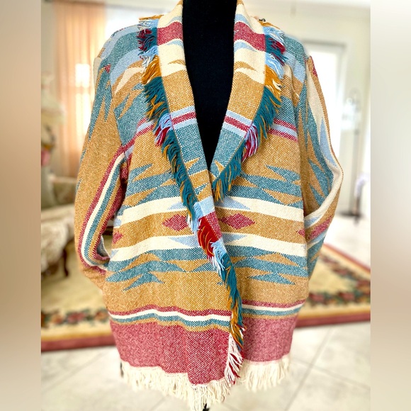 Vintage Jackets & Blazers - Vintage Granite Southwest Woven Fringe Cardigan Jacket
